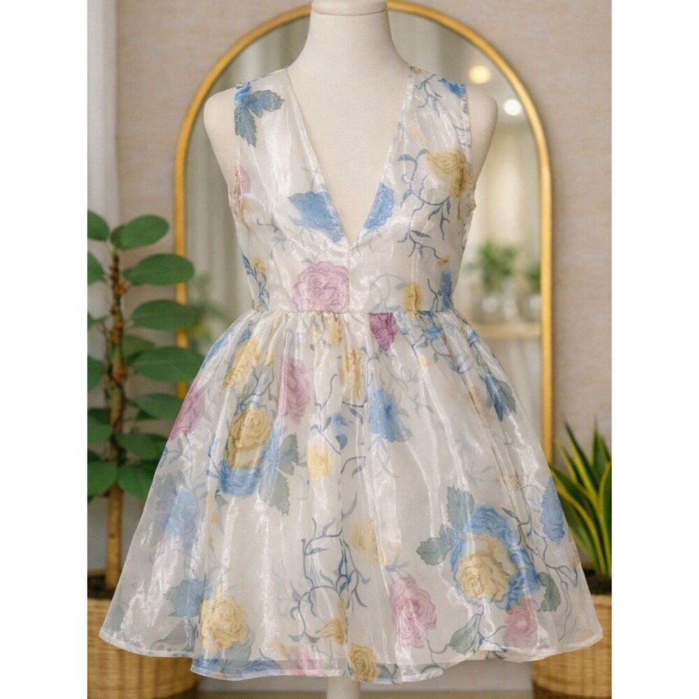 Rose Gal Women’s Plunging Neck Flower See-Through Back Tulle Dress Size 6